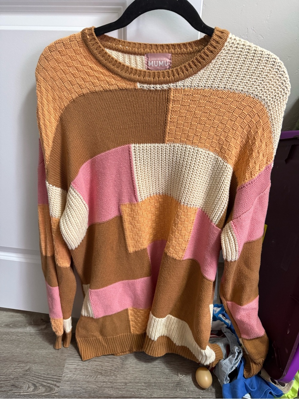 Show Me Your MuMu Colorblock Crewneck Sweater in Pink, Cream & Brown